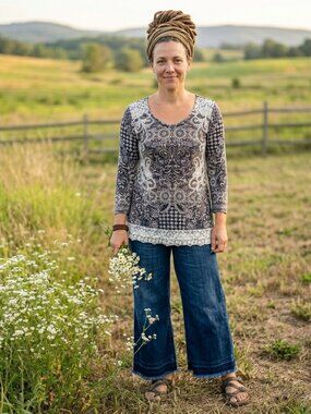 One World Womens Tunic PL Multi colored Long Sleeve Crochet